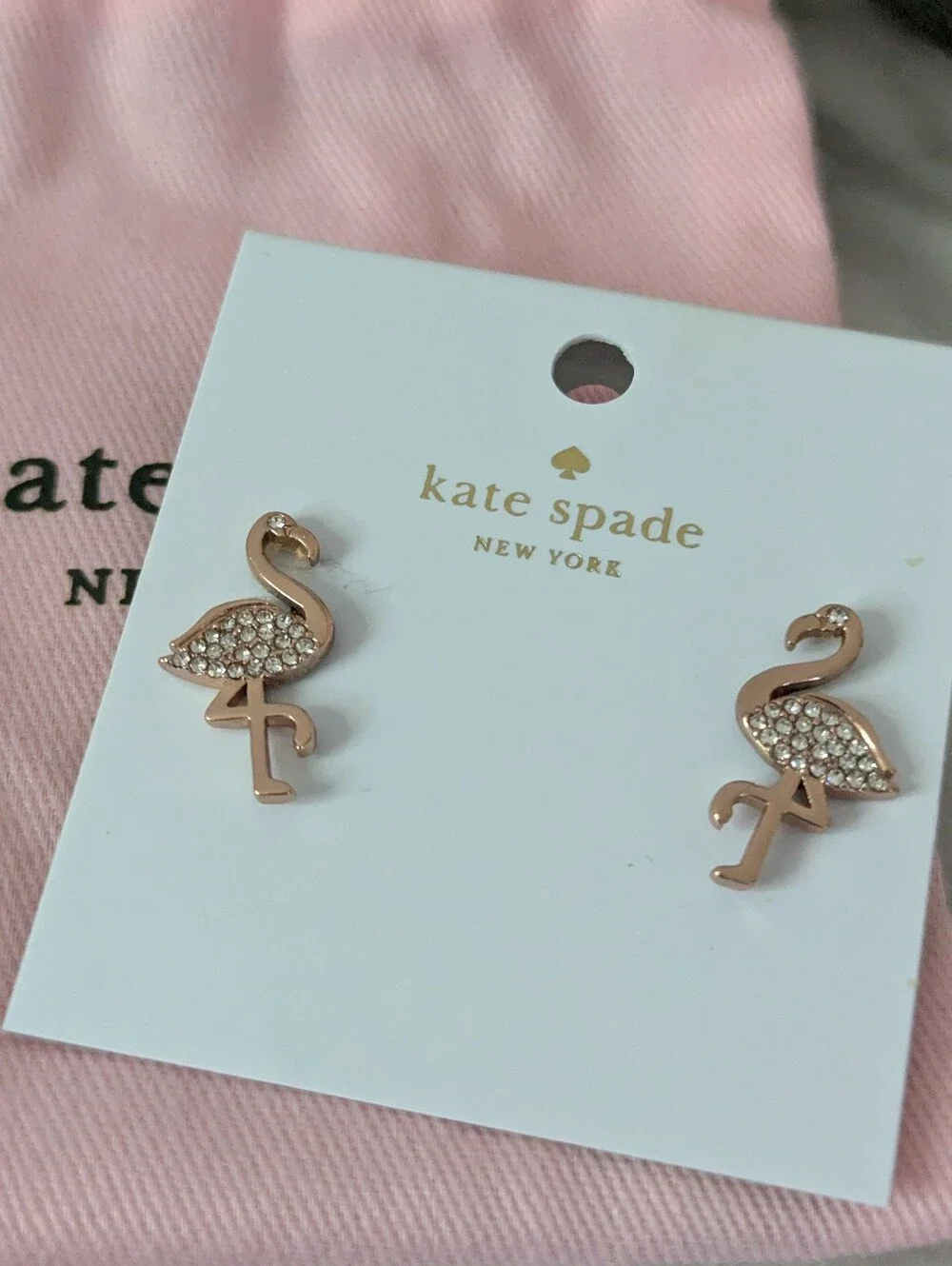 NWT kate spade By The Pool Rose Gold Pave 🦩 🦩 Flamingo Stud Earrings